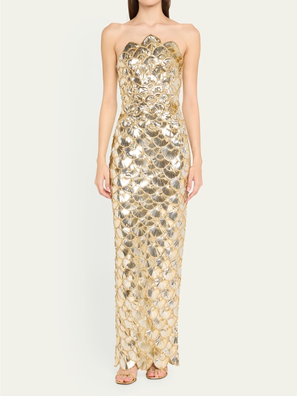 Oscar de la Renta Strapless Sequined Scallop Column Gown - Picture 2 of 8